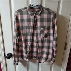 American Eagle Outfitters Pink Olive Green Plaid Button Down Shirt Womens XS